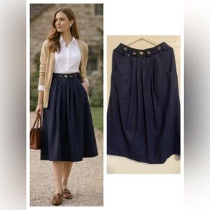 Vintage Navy Wool Midi Skirt EU 40 Pleated High Waist Preppy Heritage Classic